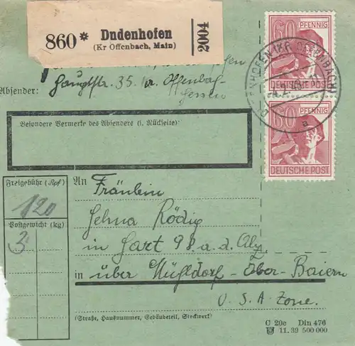 Carte de paquet 1948: Dudenhofen n. Hart, fausse impression autocollant, bes. Forme.