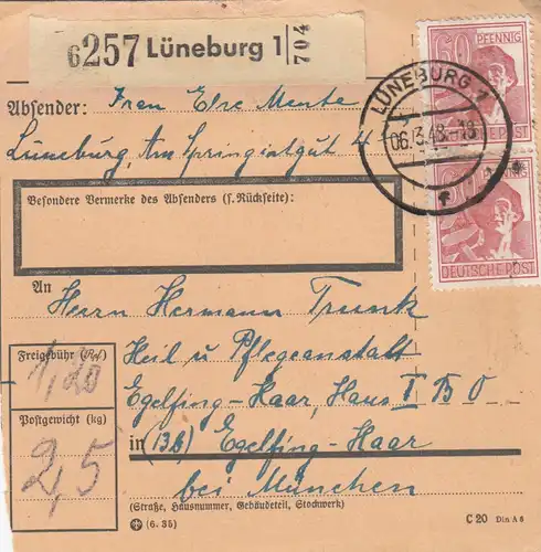 Carte de paquet 1948: Luneburg vers Eglfing-Haar, établissement d'accueil