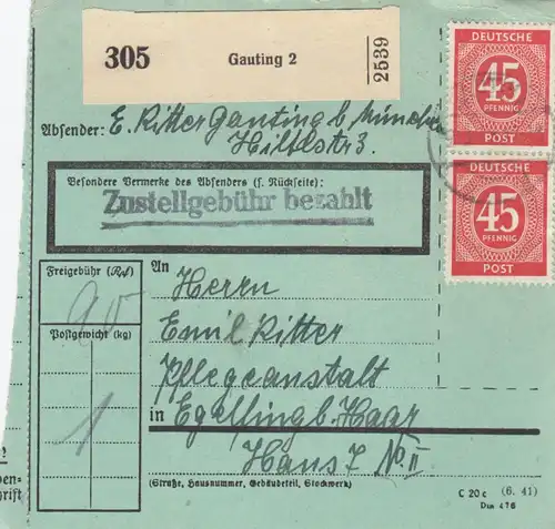 Paketkarte 1948: Gauting b. München n. Pflegeanstalt Haar, bes. Formular