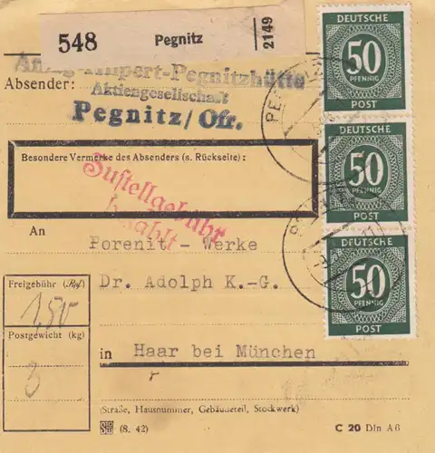 Carte de paquet 1948: Pegnitzhütte AG à Pegburgh après Haar