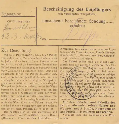 Paketkarte 1948: Pegnitzhütte AG in Pegnitz nach Haar