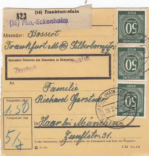 Carte de paquet 1948: Francfort Eckenheim à Haar
