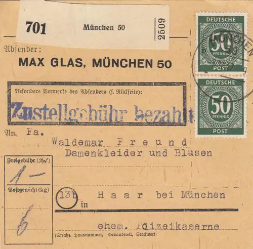 Paketkarte 1947: Max Glas München nach Haar, Damenkleider, Selbstbucher