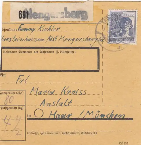 Carte de paquet 1947: Obersteinhausen via Post Hengersberg vers Haar, établissement