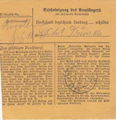 Paketkarte 1947: Obersteinhausen über Post Hengersberg nach Haar, Anstalt