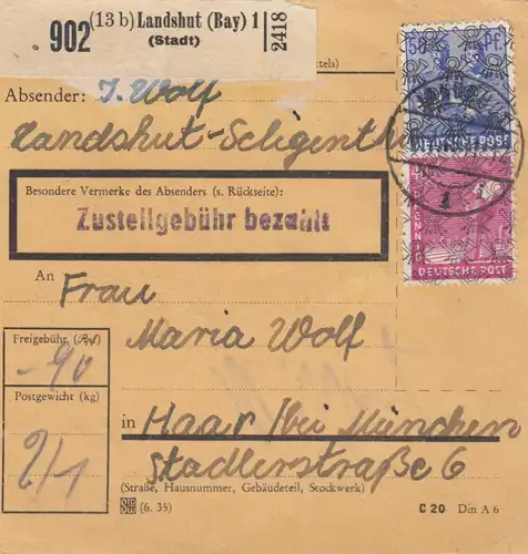BiZone Paketkarte 1948: Landshut Schligenthal nach Haar