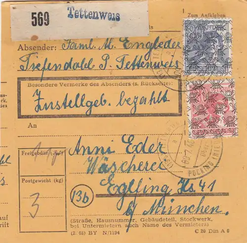 BiZone Paketkarte 1948: Tettenweis Tiefendobl nach Wäscherei Eglfing