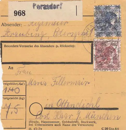 BiZone Paketkarte 1948: Straubing Perasdorf nach Ottendichl