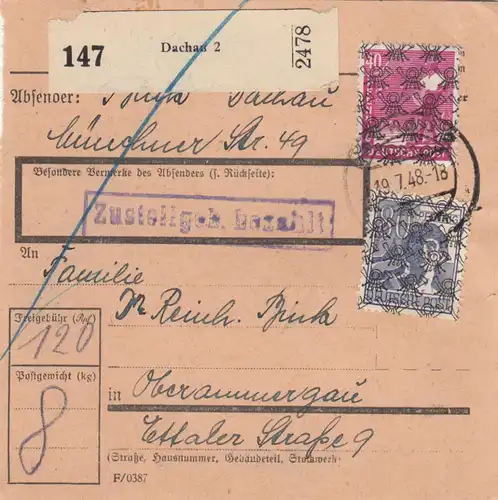 Carte de paquet BiZone 1948: Dachau vers Oberammergau