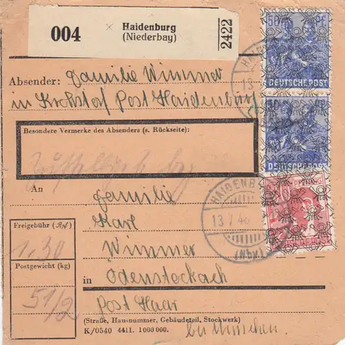 BiZone Paketkarte 1948: Kröhstorf über Haidenburg nach Ödenstockach