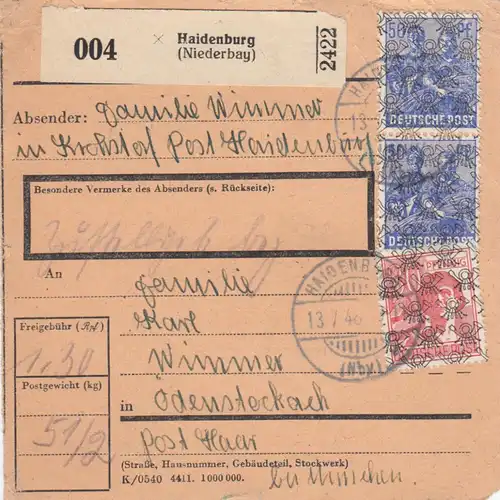 Carte de paquet BiZone 1948: Kröhstorf via Haidenburg vers Ödenstockach