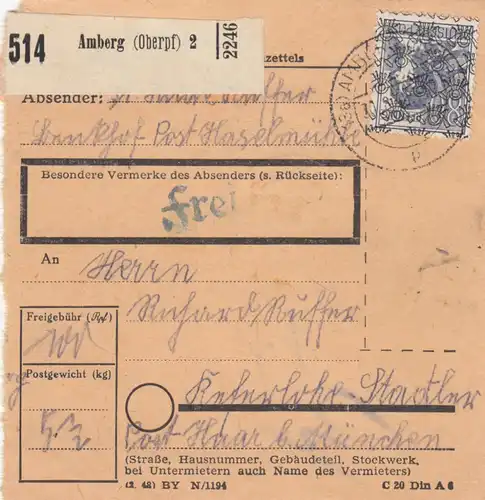 BiZone Paketkarte 1948: Post Haselmühle über Amberg nach Keferlohe