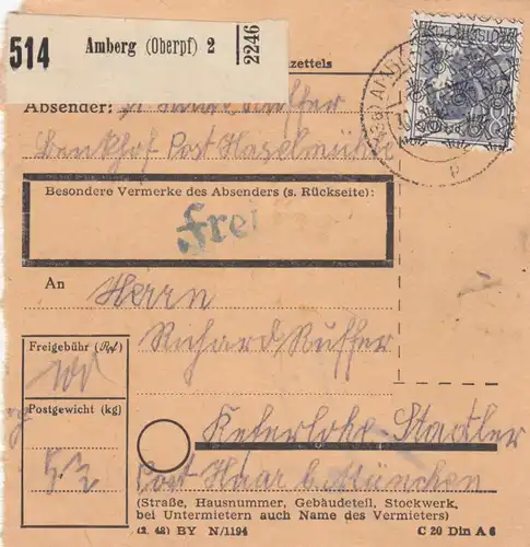 Carte de paquet BiZone 1948: Post Haselmühle via Amberg vers Keferlohe