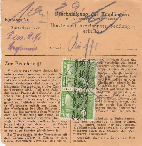 BiZone Paketkarte 1948: Post Haselmühle über Amberg nach Keferlohe