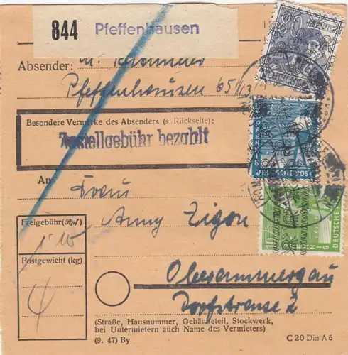 BiZone Paketkarte 1948: Pfeffenhausen nach Oberammergau