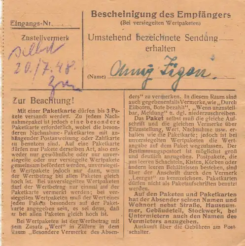 BiZone Paketkarte 1948: Pfeffenhausen nach Oberammergau