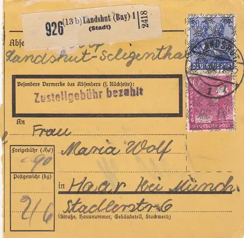 BiZone Paketkarte 1948: Landshut Schligenthal nach Haar bei München