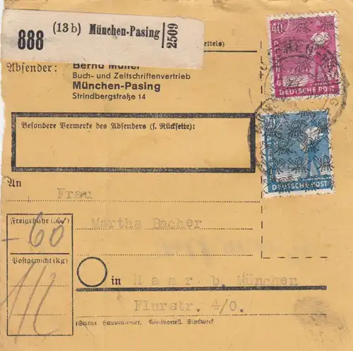 BiZone Paketkarte 1948: München-Pasing nach Haar, Selbstbucher