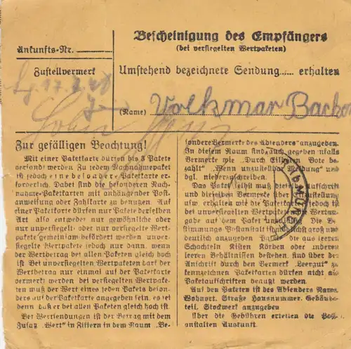 BiZone Paketkarte 1948: München-Pasing nach Haar, Selbstbucher