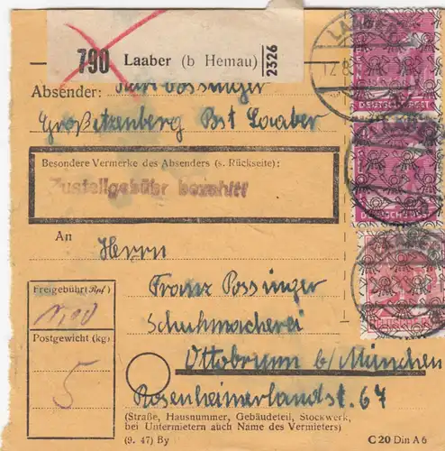 BiZone Paketkarte 1948: Großetzenberg Laaber nach Ottobrunn, Schuhmacherei