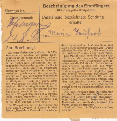 Carte de paquet BiZone 1948: Grossetzenberg Laaber après Ottobrunn, Chausserie