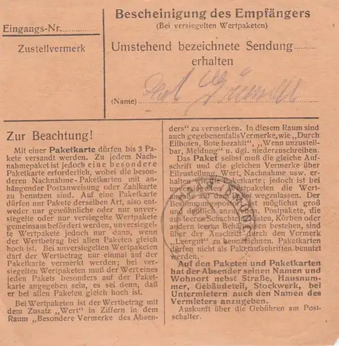 BiZone Paketkarte 1948: Freilassing, Flaschenbierhandel nach Eglfing