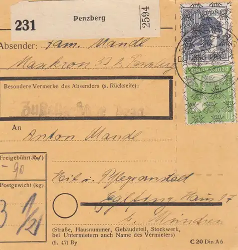 BiZone Paketkarte 1948: Penzberg nach Eglfing, Pflegeanstalt