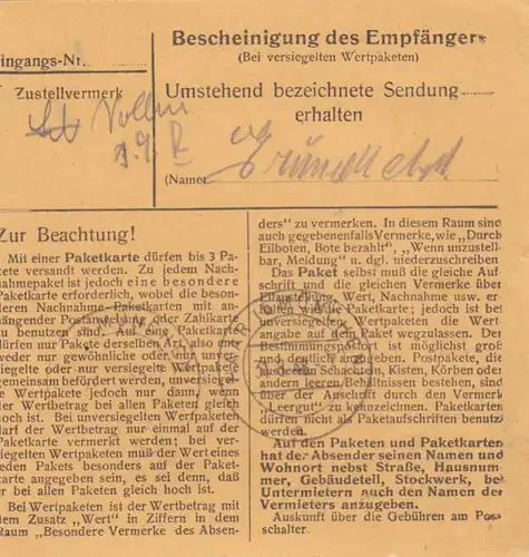 Carte de paquet BiZone 1948: Penzberg vers Eglfing, établissement d'accueil
