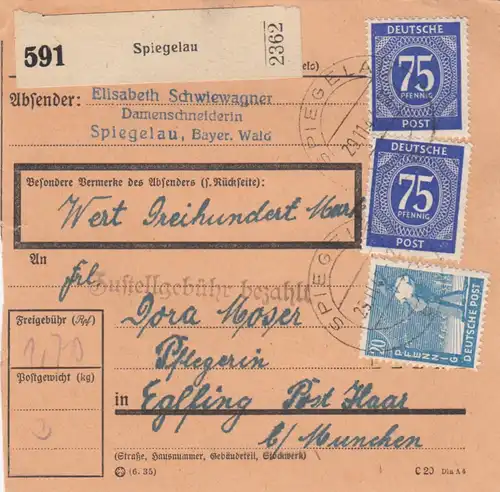 Carte paquet 1947: Spiegelau d'après Eglfing, infirmière, carte de valeur