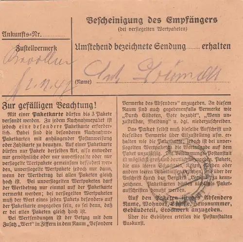 Paketkarte 1947: Spiegelau nach Eglfing, Pflegerin, Wertkarte