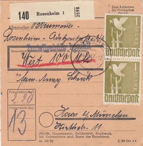 Carte de paquet 1947: Rosenheim par cheveux, carte de valeur