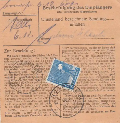 Carte de paquet 1947: Rosenheim par cheveux, carte de valeur