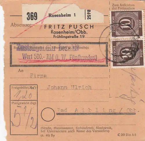 Carte de paquet 1947: Rosenheim vers Bad Aibling, Auto-bookeur, carte de valeur