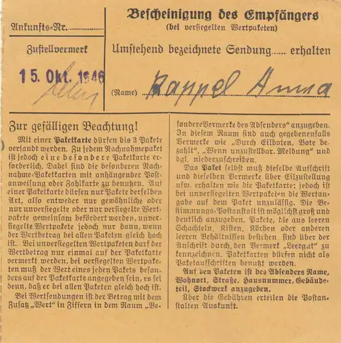 Carte de paquet 1946: Altötting après Bad Aibling, carte de valeur