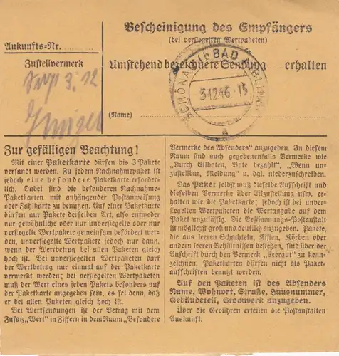 Paketkarte 1946: Mengkofen Gasthaus zur Post nach Schönau, Wertkarte