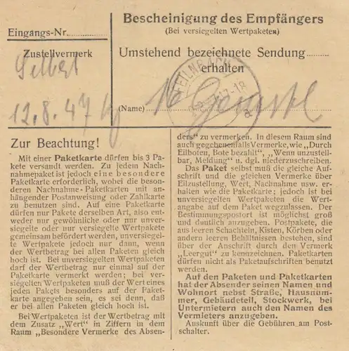 Carte de paquet 1947: Bad Aibling vers Feilnbach, carte de valeur