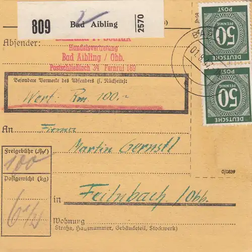Carte de paquet 1947: Bad Aibling, représentation commerciale après Feilnbach, carte de valeur