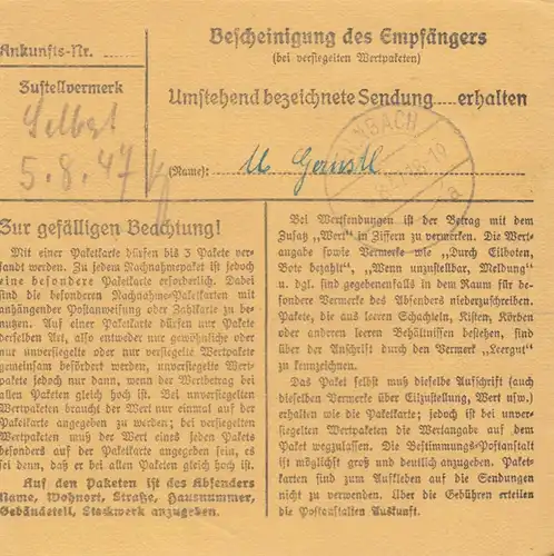 Carte de paquet 1947: Bad Aibling, représentation commerciale après Feilnbach, carte de valeur