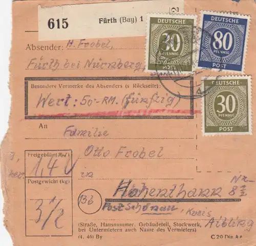 Carte de paquet: Fürth vers Hohenthann, carte de valeur