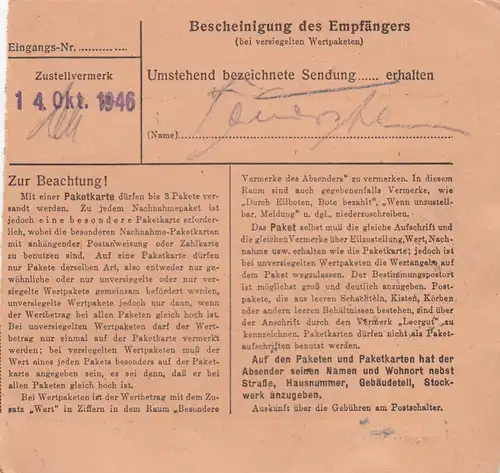 Paketkarte 1946: Oberstdorf nach Bad Aibling, Wertkarte