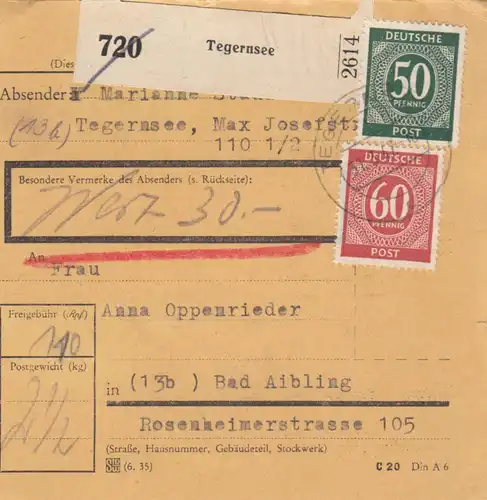 Carte de paquet 1947: Tegernsee a Bad Aibling, carte de valeur