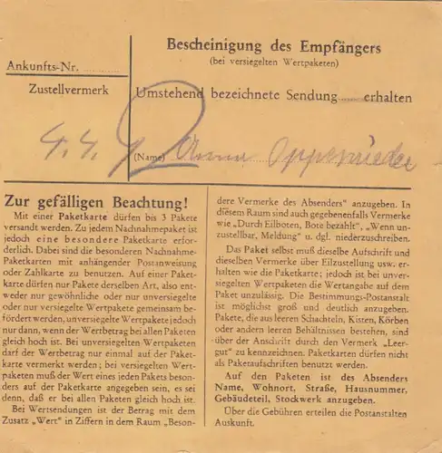 Paketkarte 1947: Tegernsee nach Bad Aibling, Wertkarte