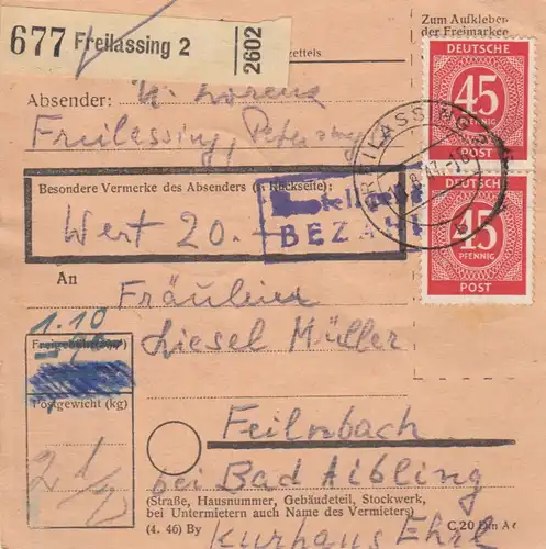Carte de paquet 1947: Freilassing vers Feilnbach, Kurhaus, carte de valeur