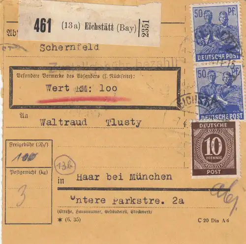 Paketkarte 1948: Eichstätt Schernfeld nach Haar, Wertkarte