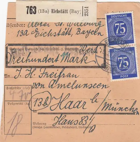 Carte de paquet 1948: Eichstoff Bayern par Haar, carte de valeur