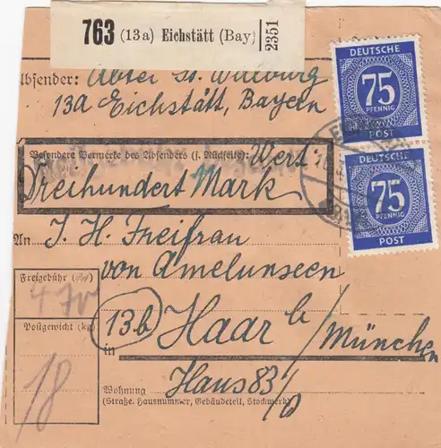 Paketkarte 1948: Eichstätt Bayern nach Haar, Wertkarte