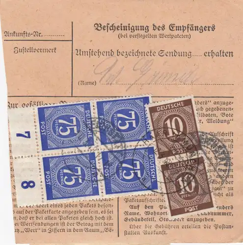 Paketkarte 1948: Eichstätt Bayern nach Haar, Wertkarte