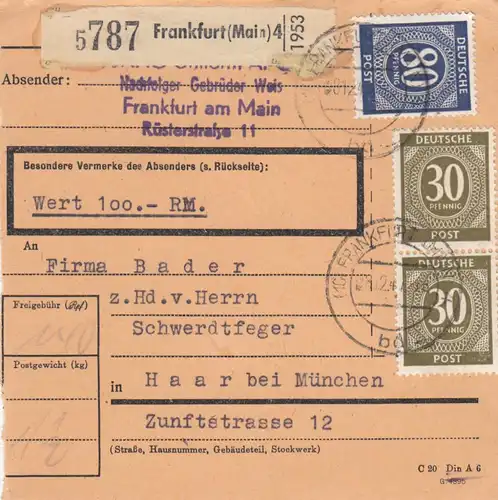Carte de paquet 1947: Francfort, Abbr. Weis par Haar, carte de valeur