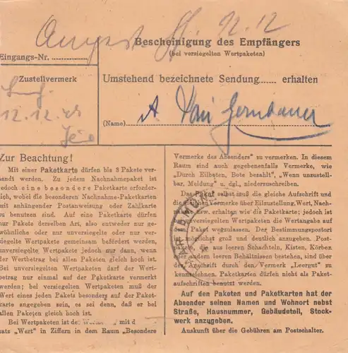Paketkarte 1947: Frankfurt, Gebr. Weis nach Haar, Wertkarte