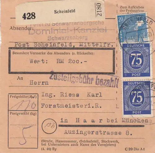 Paketkarte 1947: Dominial-Kanzlei Schwarzenberg Scheinfeld, Wertkarte